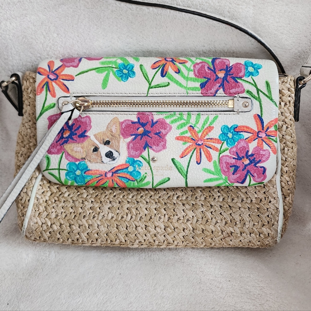 SOLD-Kate Spade Floral Embroidered Straw Crossbody Bag
